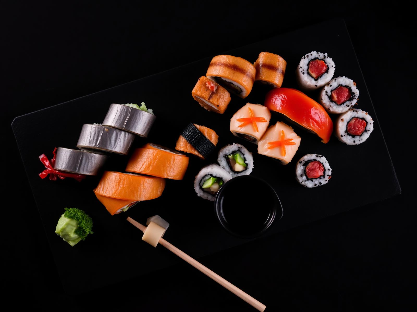 Sushibricka med maki och nigiri